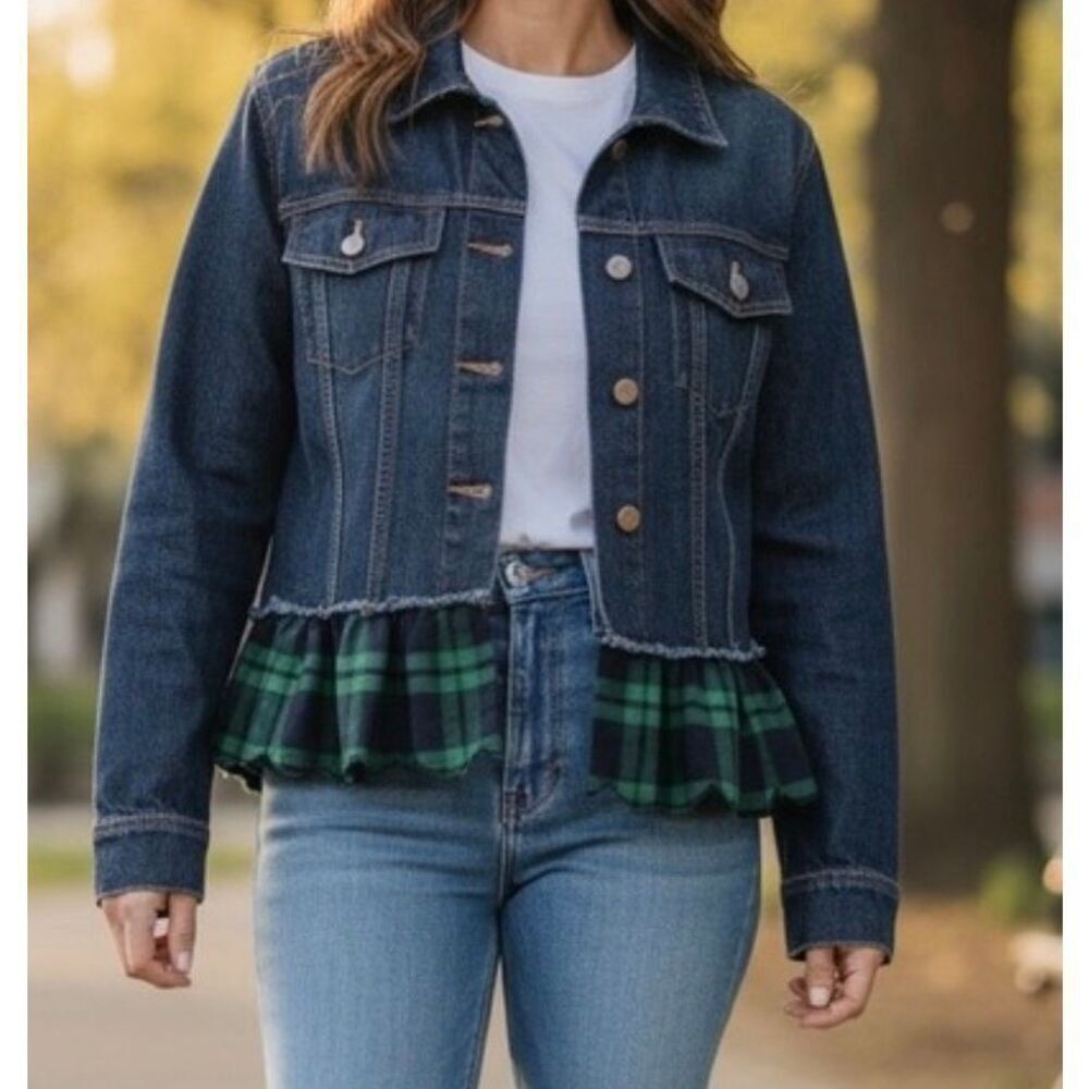Umgee Womens Plaid Jean Jacket 100% Cotton Sz Small